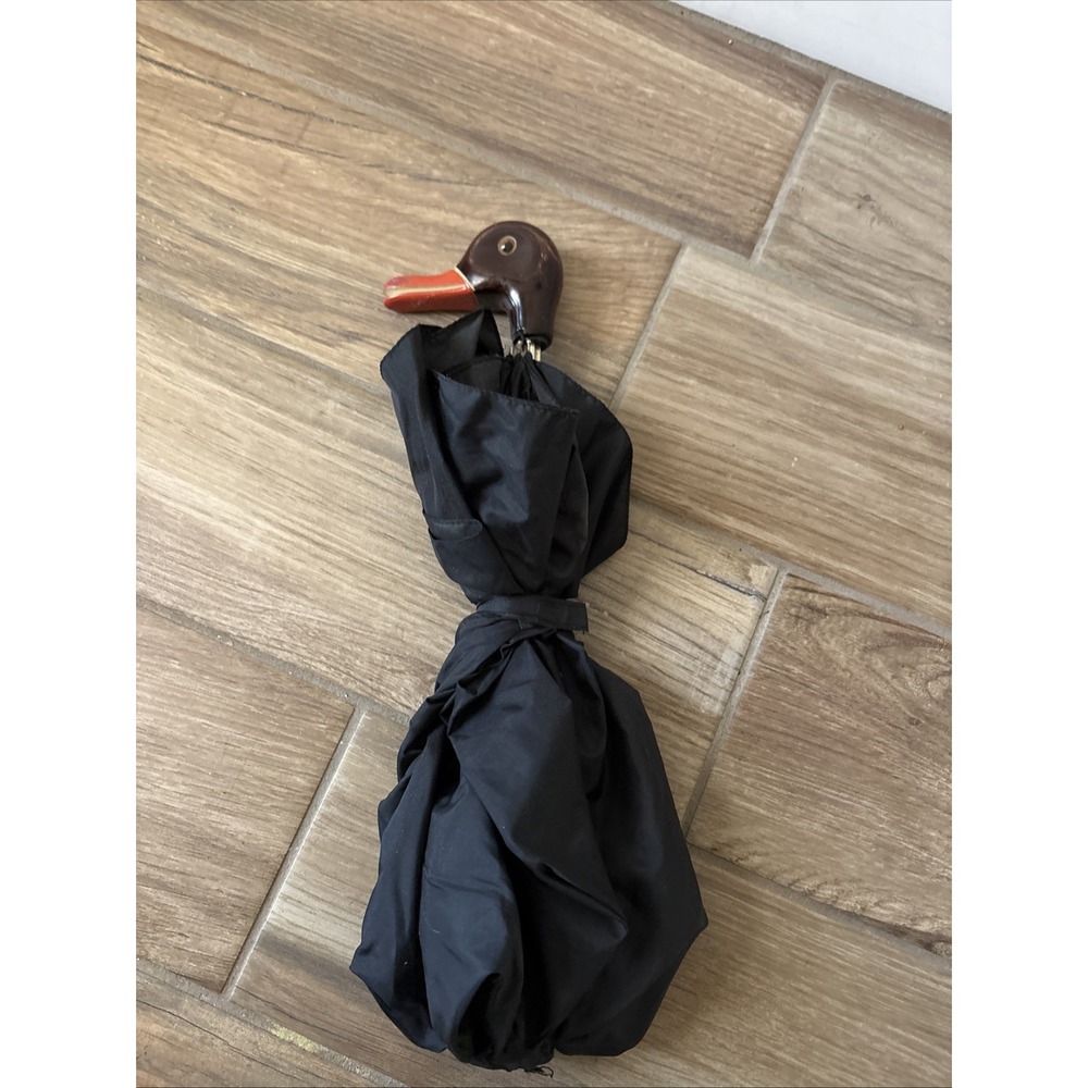 Vtg Schertz Duck Head Handle Walking Umbrella Black Nylon Made in Taiwan